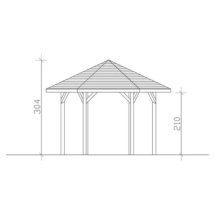 SKAN HOLZ Pavillon Nancy 2 - L x B: 364 x 420 cm, Eiche hell - Skizze eines Pavillons mit schrägem Dach, der eine Höhe von 304 Einheiten und eine Pfostenhöhe von 210 Einheiten hat.