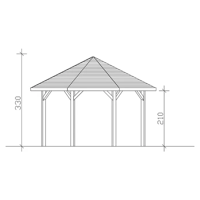 SKAN HOLZ Pavillon Nice 2 - L x B: 484 x 484 cm, Holz, Schiefergrau - Draufsicht auf einen Pavillon mit Maßangaben für die Höhe der Säulen und die Gesamthöhe, ideal für Garten- und Landschaftsplanung.