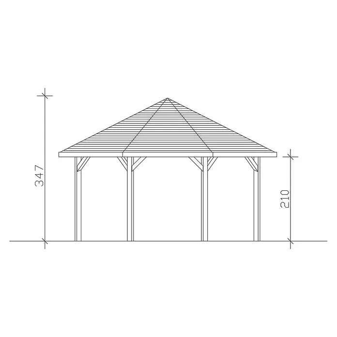 SKAN HOLZ Pavillon Nice 3 - L x B: 557 x 557 cm, Schiefergrau - Abbildung einer Pavillonzeichnung mit Höhenangaben. Das Design zeigt eine detaillierte Ansicht des Pavillons mit spezifischen Abmessungen.