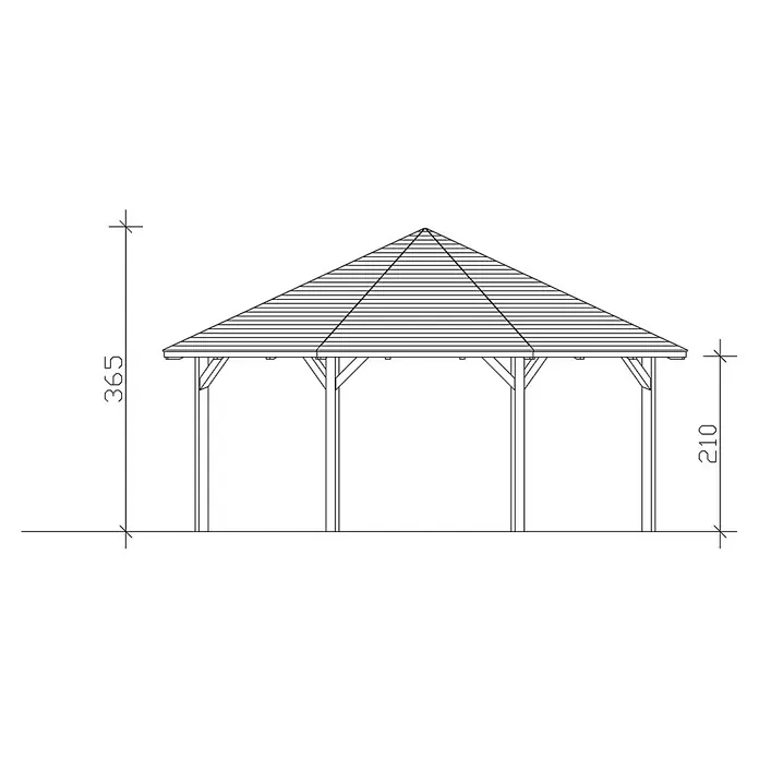 SKAN HOLZ Pavillon Nice 4 - L x B: 630 x 630 cm, Schiefergrau - Bild einer Gartenlaube mit einem Pyramidendach und Maßangaben für Höhe und Pfosten.