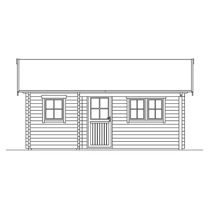 SKAN HOLZ Gartenhaus Ontario - Außenmaß inkl. Dachüberstand (B x T): 680 x 580 cm, Holz, Natur, 1 Lage Dachschalung - Schematische Darstellung eines Holzschuppens mit Fenster und Tür. Die Konstruktion aus Holz besticht durch ihr klares Design.