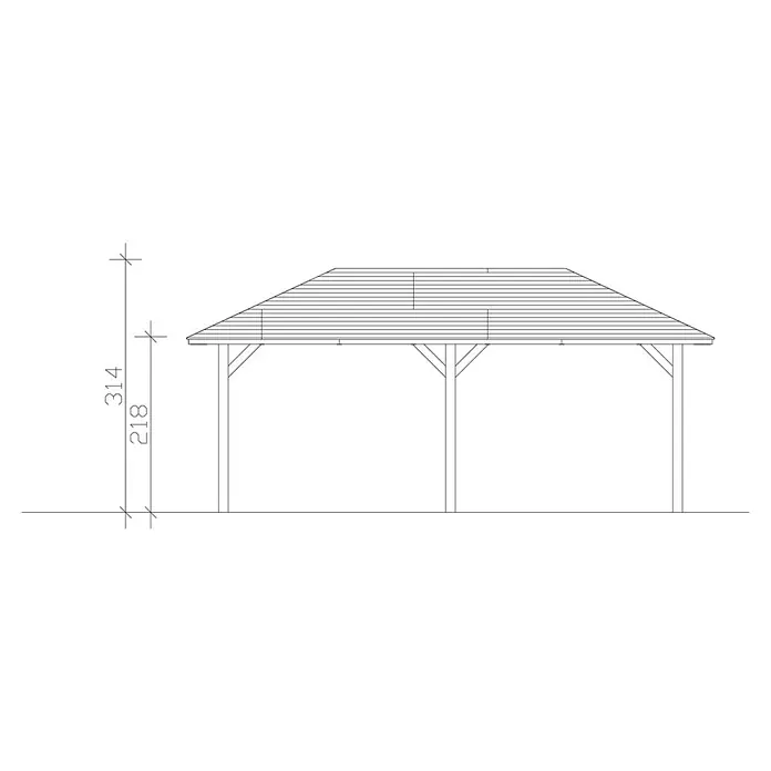 SKAN HOLZ Pavillon Orleans 1 - L x B: 656 x 374 cm, Holz, Eiche hell - Ansicht eines Gartenpavillons mit Maßen. Der Pavillon hat ein schräges Dach und wird von mehreren Pfosten gestützt, ideal für den Garten.