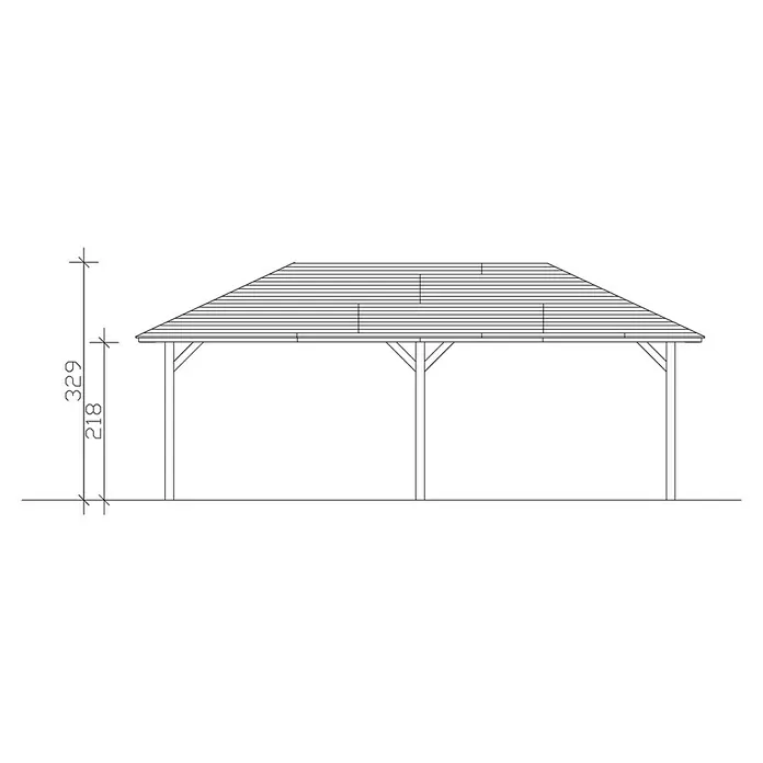 SKAN HOLZ Pavillon Orleans 2 - L x B: 786 x 439 cm, Holz, Schiefergrau - Ansicht eines Pavillons mit Abmessungen, die die Höhe der Pfosten (218) und die Gesamthöhe (329) zeigen. Die Konstruktion hat ein schlichtes Design.