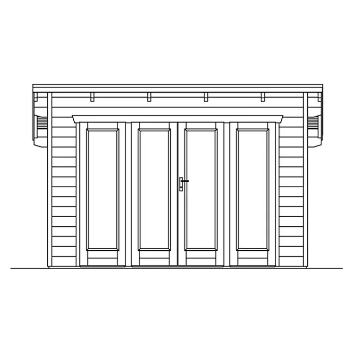 Gartenhaus Ostende - Außenmaß inkl. Dachüberstand (B x T): 390 x 310 cm, Holz, Schwedenrot - Fassadenskizze eines Gartenhauses mit Flügeltüren, die mit Kassetten verziert sind, und geriffelten Seitenteilen unter dem Dach.