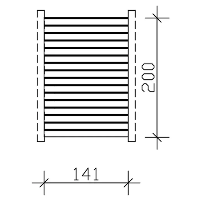 SKAN HOLZ Seitenwand - B x H: 141 mm x 200 cm, Passend für: Skan Holz Carports, Nussbaum - Schemazeichnung eines Heizkörpers mit Angaben zu Breite (141) und Höhe (200). Die Maße sind in Millimetern angegeben und erleichtern die Planung.