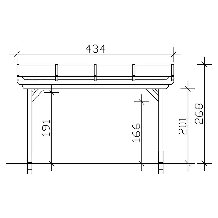 SKAN HOLZ Terrassenüberdachung Sanremo - B x T: 434 x 250 cm, Eiche Hell, Fichtenholz - Abbildung einer technischen Zeichnung eines Holzpavillons mit verschiedenen Maßangaben.