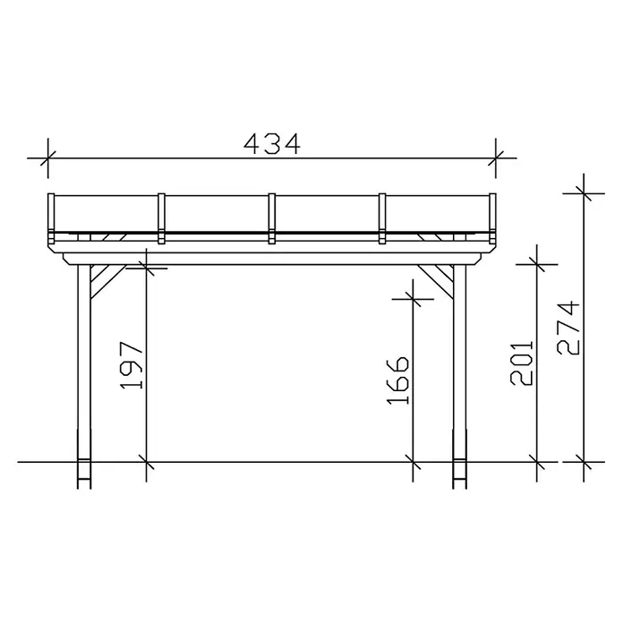 SKAN HOLZ Terrassenüberdachung Sanremo - B x T: 434 x 300 cm, Schiefergrau, Fichtenholz - Technische Zeichnung eines Pavillons mit Höhenangaben in Millimetern. Gesamtbreite 434 mm, Höhe 274 mm.