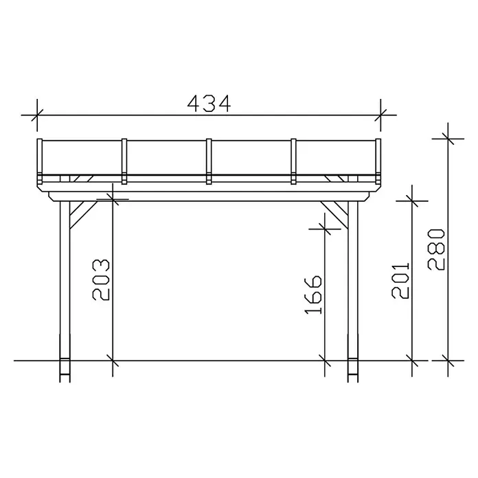 SKAN HOLZ Terrassenüberdachung Sanremo - B x T: 434 x 350 cm, Nussbaum, Fichtenholz - Technische Zeichnung eines Holzpodests mit Geländer und den Maßen 434, 280, 203, 201 und 166 für Bau- oder Montagezwecke.