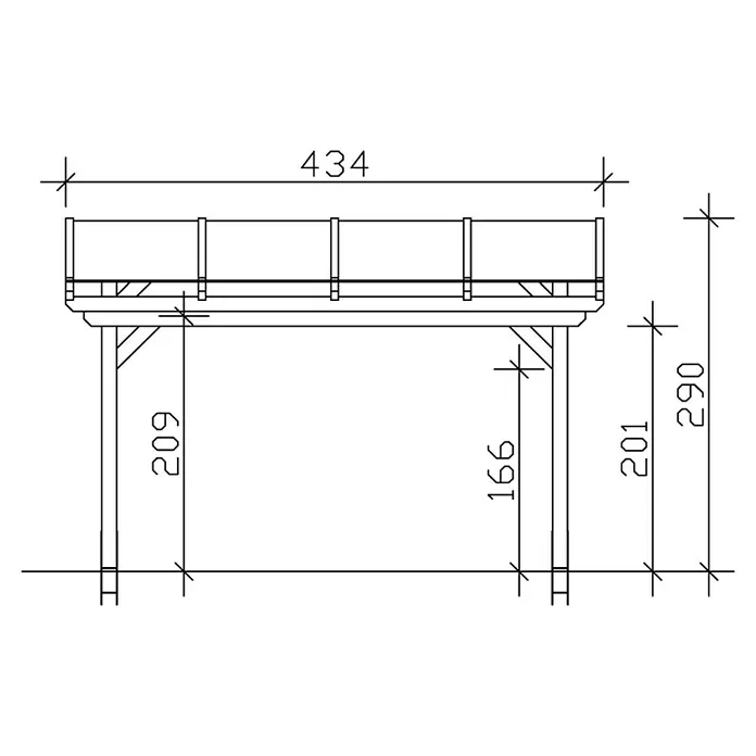 SKAN HOLZ Terrassenüberdachung Sanremo - B x T: 434 x 400 cm, Weiß, Fichtenholz - Zeichnung eines Stegs mit den Maßen 434 in der Breite und 290 in der Höhe. Die Pfosten sind 209 bzw. 166 hoch.