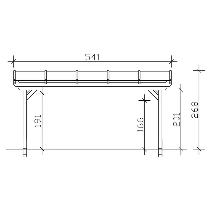 SKAN HOLZ Terrassenüberdachung Sanremo - B x T: 541 x 250 cm, Natur, Fichtenholz - Skizze eines Unterstandes mit Maßen, die die Länge von 541, die Höhen von 191, 166, 201 und 268 zeigen.