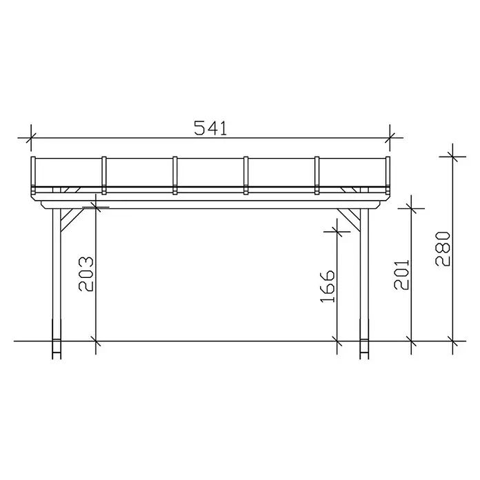 SKAN HOLZ Terrassenüberdachung Sanremo - B x T: 541 x 350 cm, Eiche Hell, Fichtenholz - Skizze eines Produkts mit Maßangaben, die die Abmessungen und Details der Konstruktion zeigen.