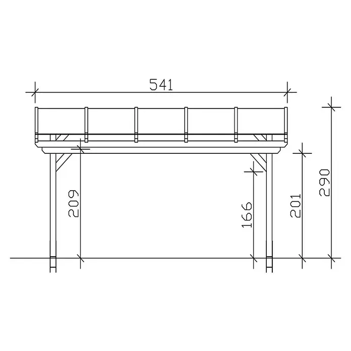 SKAN HOLZ Terrassenüberdachung Sanremo - B x T: 541 x 400 cm, Weiß, Fichtenholz - Illustration eines hölzernen Gartentisches mit Maßen, ideal für Gartenbauprojekte und Bauanleitungen.