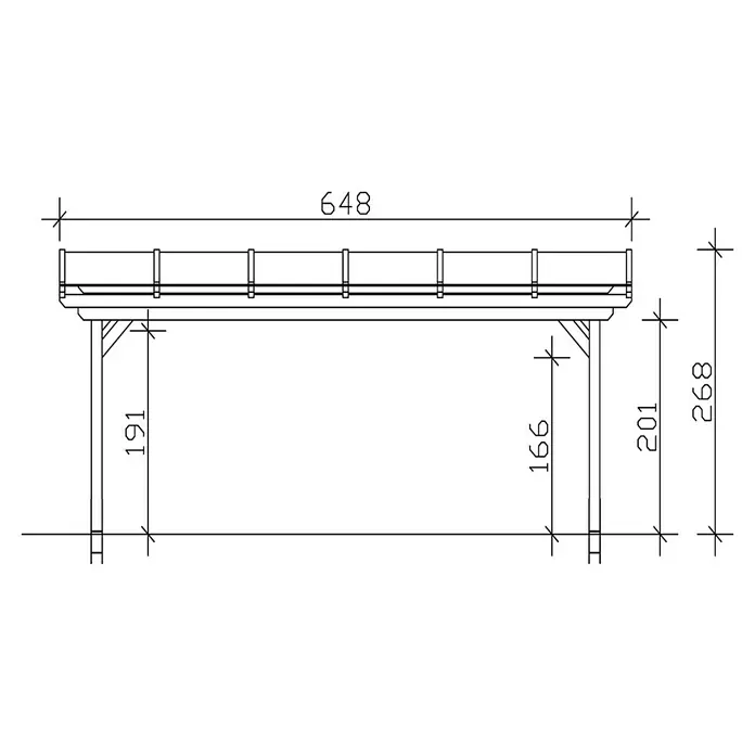 SKAN HOLZ Terrassenüberdachung Sanremo - B x T: 648 x 250 cm, Eiche Hell, Fichtenholz - Schematische Zeichnung einer Holzkonstruktion mit den Maßen 648 in der Breite und 268 in der Höhe. Die Pfosten haben unterschiedliche Höhen.