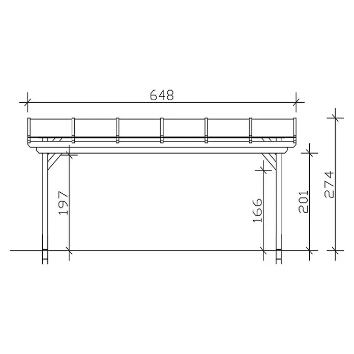 SKAN HOLZ Terrassenüberdachung Sanremo - B x T: 648 x 300 cm, Eiche Hell, Fichtenholz - Bauplanansicht eines Holzunterstandes mit Maßangaben für Bauprojekte.