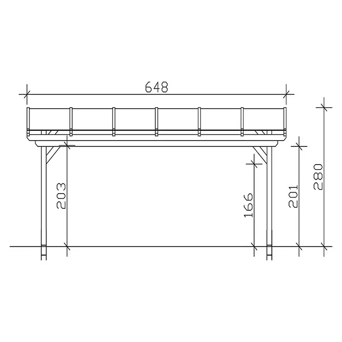SKAN HOLZ Terrassenüberdachung Sanremo - B x T: 648 x 350 cm, Eiche Hell, Fichtenholz - Technische Zeichnung eines Holzpavillons mit Maßangaben. Die Konstruktion besteht aus Stützen und einem Geländer.