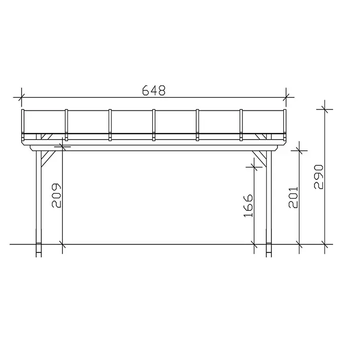 SKAN HOLZ Terrassenüberdachung Sanremo - B x T: 648 x 400 cm, Weiß, Fichtenholz - Technische Zeichnung einer Holzkonstruktion mit den Maßen 648 in der Breite und 290 in der Höhe.