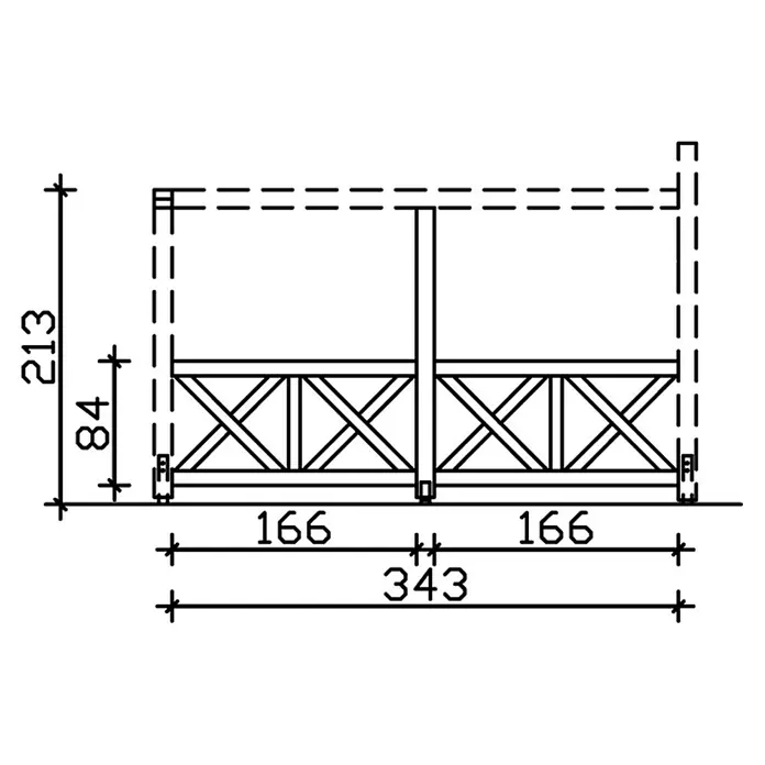 SKAN HOLZ Seitenwand Andreaskreuz - Passend für: Skan Holz Leimholz-Terrassenüberdachungen, Tiefe 400/389 cm, freistehend, Weiß - Holzterrasse mit Geländer und Maßen. Perfekt für den Garten oder die Terrasse. Die Maße sind in Millimetern angegeben.