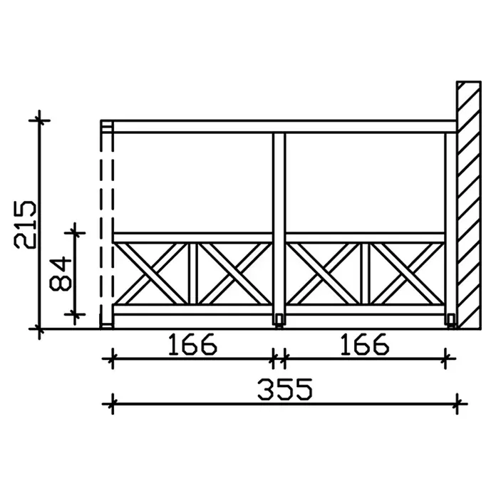 SKAN HOLZ Seitenwand Andreaskreuz - Passend für: Skan Holz Leimholz-Terrassenüberdachungen, Tiefe 400/389 cm, Weiß - Detailzeichnung einer Balkonbrüstung mit Querverstrebungen und Maßangaben, die die Konstruktionsweise verdeutlichen.