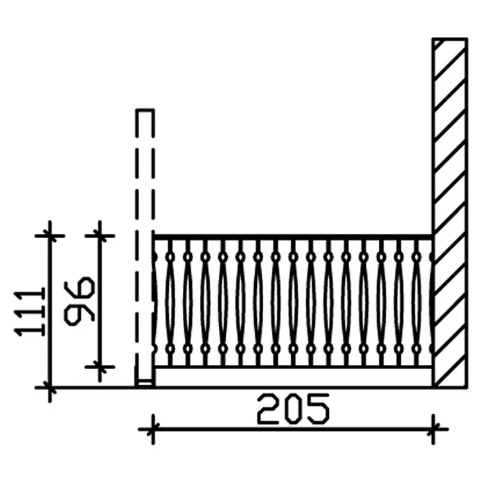 SKAN HOLZ Brüstungsgeländer - Passend für: Skan Holz Leimholz-Terrassenüberdachungen, Tiefe 250/239 cm, Schiefergrau - Schema eines Balkons mit Maßen. Die Gesamthöhe beträgt 111, die Höhe des Geländers 96 und die Länge 205.