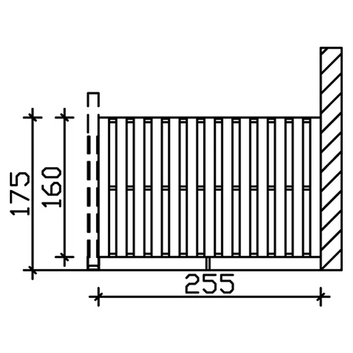 SKAN HOLZ Seitenwand - Passend für: Skan Holz Terrassenüberdachungen aus Douglasie, Tiefe 300 cm, Nussbaum - Schematische Darstellung eines Regals mit den Maßen 175 mm Höhe, 255 mm Breite und einer Fachhöhe von 160 mm.