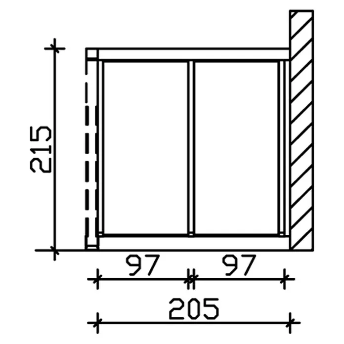 SKAN HOLZ Seitenwand - Passend für: Skan Holz Terrassenüberdachungen aus Douglasie, Tiefe 250 cm, Nussbaum, Polycarbonat - Bauplan eines Schranks mit den Maßen 215 mm Höhe und 205 mm Breite, aufgeteilt in zwei Fächer von je 97 mm.