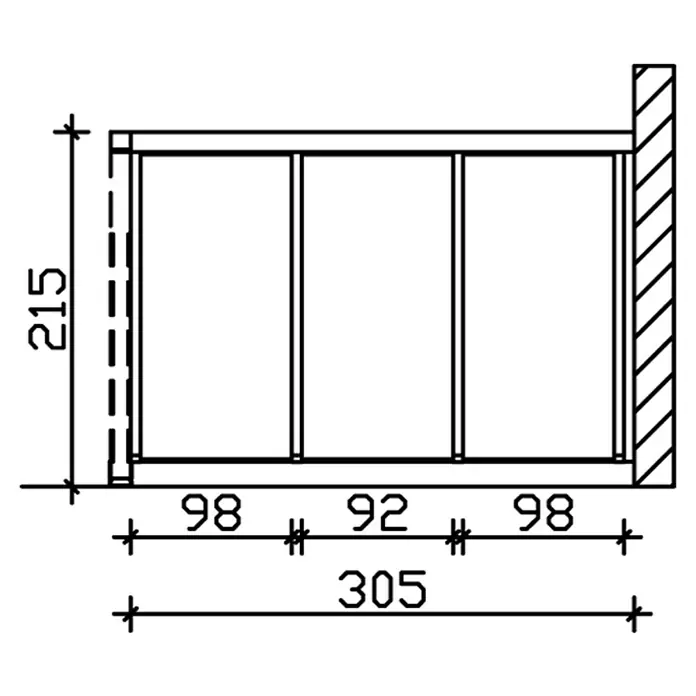 SKAN HOLZ Seitenwand - Passend für: Skan Holz Terrassenüberdachungen aus Douglasie, Tiefe 350 cm, Natur, Polycarbonat - Technische Zeichnung eines Regals mit den Maßen 215 mm Höhe und 305 mm Breite, unterteilt in drei Fächer von 98 mm, 92 mm und 98 mm.