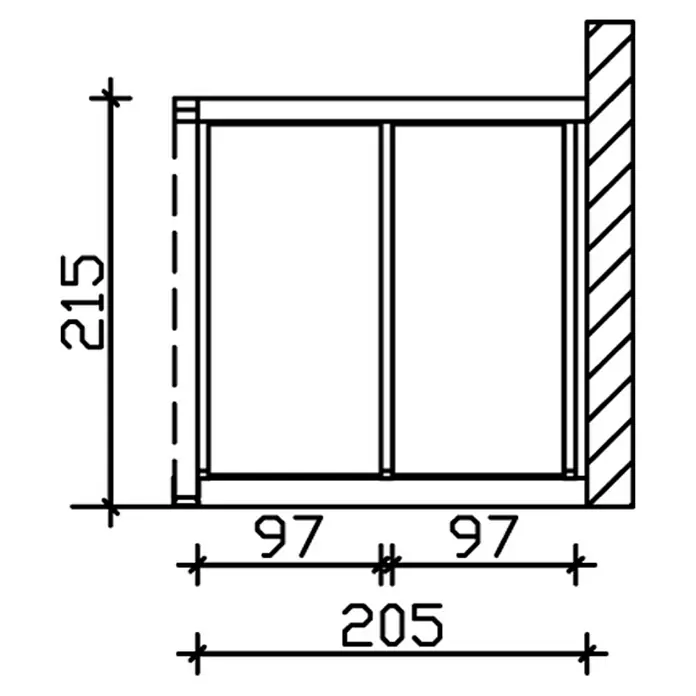 SKAN HOLZ Seitenwand - Passend für: Skan Holz Leimholz-Terrassenüberdachungen, Tiefe 250/239 cm, Nussbaum - Skizze eines Regals mit zwei Fächern, Maße 215 mm hoch und 205 mm breit, jedes Fach ist 97 mm breit.