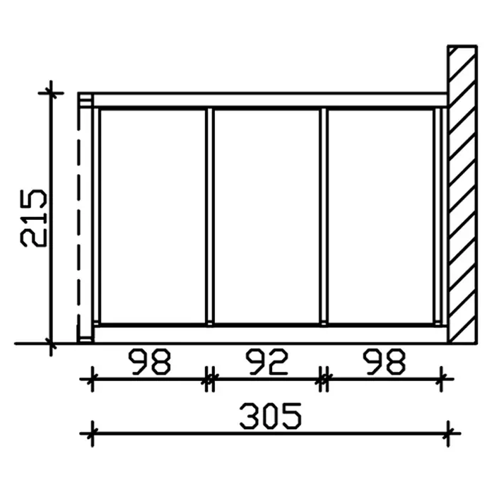SKAN HOLZ Seitenwand - Passend für: Skan Holz Leimholz-Terrassenüberdachungen, Tiefe 350/339 cm, Eiche Hell, Holz - Eine technische Zeichnung eines Regals mit den Maßen 215 mm hoch und 305 mm breit, aufgeteilt in drei Fächer (98 mm, 92 mm, 98 mm).