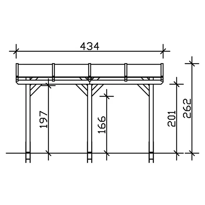 SKAN HOLZ Terrassenüberdachung Siena - B x T: 434 x 300 cm, Fichtenholz, Natur - Konstruktionszeichnung einer Holzpergola mit den Maßen 434 cm Breite und 262 cm Höhe.