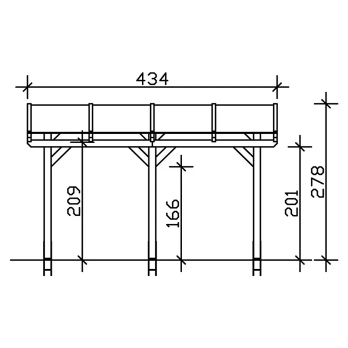 SKAN HOLZ Terrassenüberdachung Siena - B x T: 434 x 400 cm, Fichtenholz, Eiche Hell - Technische Zeichnung eines Holzpodests mit den Maßen 434 x 278 x 209.