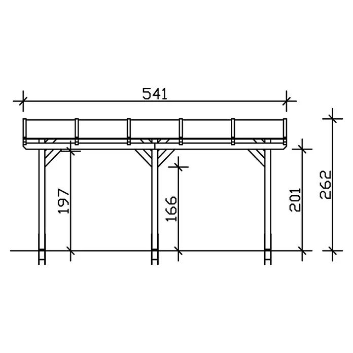 SKAN HOLZ Terrassenüberdachung Siena - B x T: 541 x 300 cm, Fichtenholz, Schiefergrau - Schematische Darstellung einer Holzkonstruktion mit den Maßen 541 in der Breite und 262 in der Höhe.