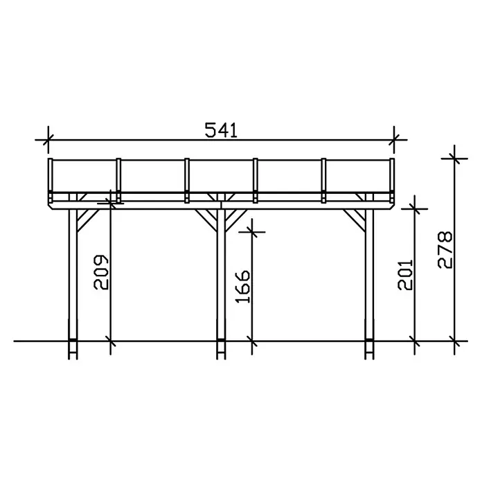 SKAN HOLZ Terrassenüberdachung Siena - B x T: 541 x 400 cm, Fichtenholz, Weiß - Skizze eines Holzdecks mit Maßangaben für Bauprojekte, Gesamtbreite 541 und Höhe 278 für Heimwerker.