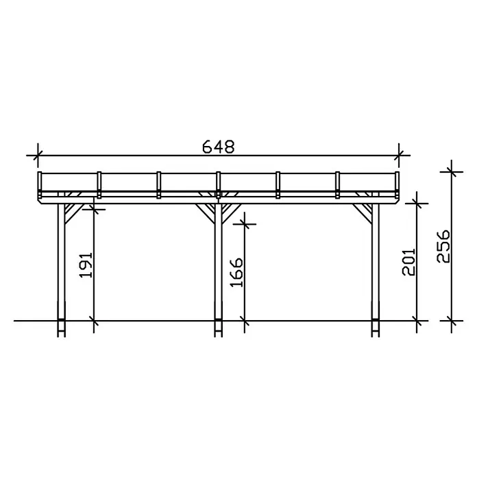 SKAN HOLZ Terrassenüberdachung Siena - B x T: 648 x 250 cm, Fichtenholz, Natur - Schematische Darstellung eines Holzgerüsts mit Maßangaben für Bauprojekte.