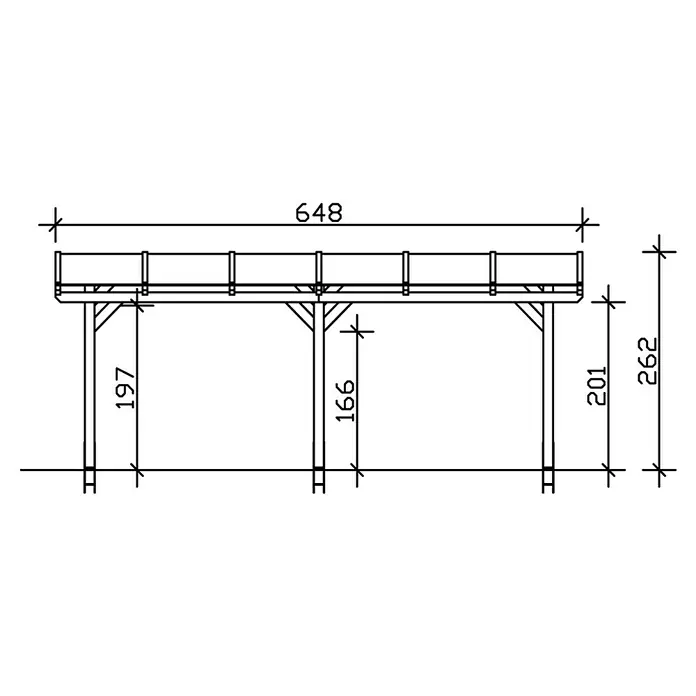 SKAN HOLZ Terrassenüberdachung Siena - B x T: 648 x 300 cm, Fichtenholz, Eiche Hell - Bauplan eines Holzunterstandes mit Maßangaben zur Konstruktion, wie Höhe, Breite und Pfostenabstände.