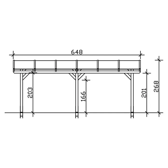 SKAN HOLZ Terrassenüberdachung Siena - B x T: 648 x 350 cm, Fichtenholz, Nussbaum - Technische Zeichnung einer erhöhten Plattform mit Höhenangaben für Konstruktionsdetails und Abmessungen des Holzbaus.