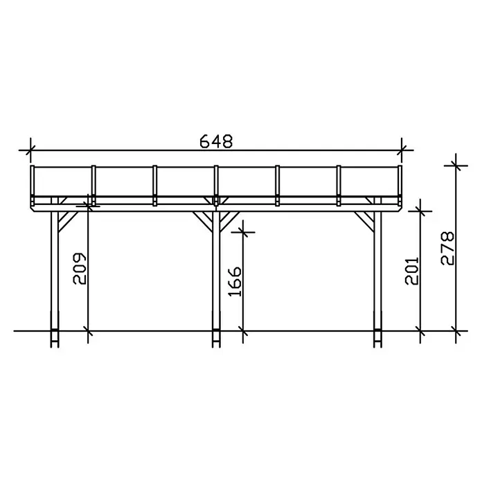 SKAN HOLZ Terrassenüberdachung Siena - B x T: 648 x 400 cm, Fichtenholz, Weiß - Schema einer überdachten Struktur mit genauen Abmessungen für Bau- oder Konstruktionszwecke, Länge 648, Höhe 278 und Stützpfosten mit 209, 166 und 201.