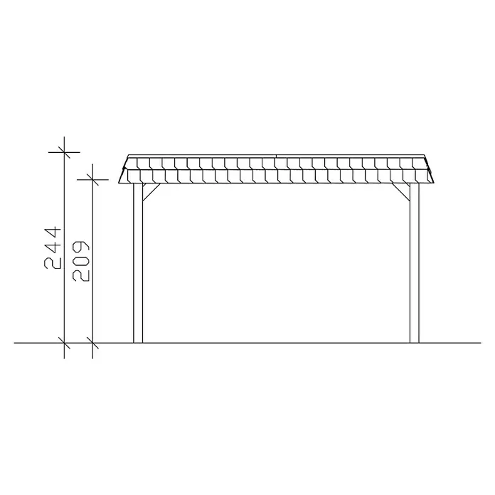 SKAN HOLZ Carport Spreewald - Außenmaß inkl. Dachüberstand (B x T): 3,96 x 5,89 m, Einzelcarport, Grün, Farbe Dach: Aluminium, Dachschalung mit EPDM-Folie - Zeichnung eines Pavillons mit Maßen 244 und 209, die Höhe und weitere Details des Designs zeigen.