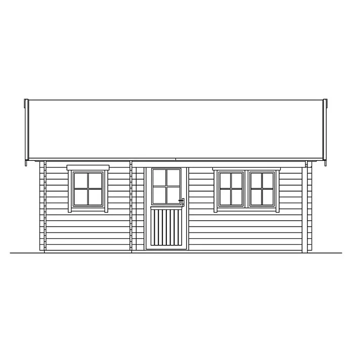 SKAN HOLZ Gartenhaus St. Moritz - Außenmaß inkl. Dachüberstand (B x T): 680 x 580 cm, Holz, Natur, 1 Lage Dachschalung - Abbildung eines Holzhauses mit Fenster und Tür. Das Haus hat ein rechteckiges Dach und horizontale Holzverkleidung.