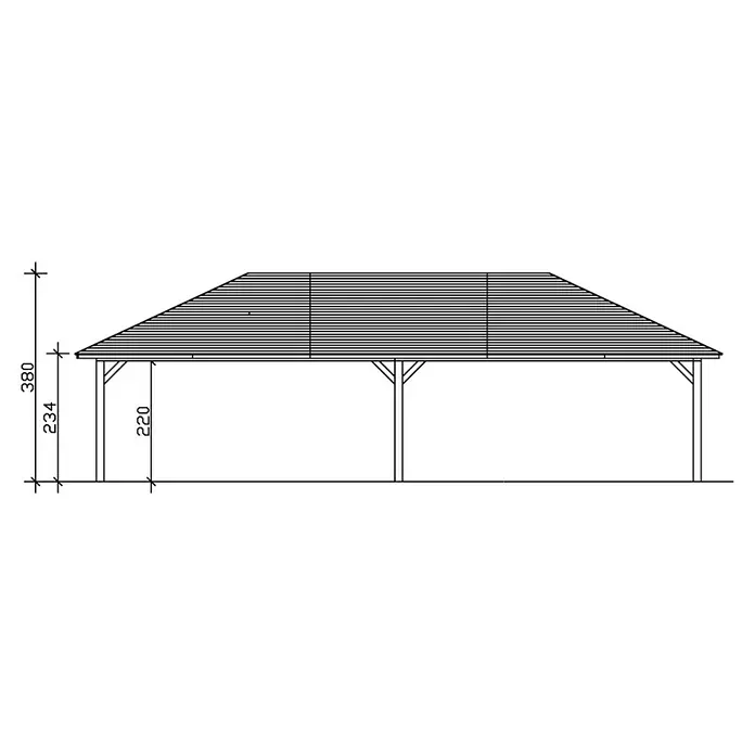 SKAN HOLZ Carport Taunus - Außenmaß inkl. Dachüberstand (B x T): 11,76 x 6,34 m, Doppelcarport, Nussbaum - Abbildung eines Pavillons mit Maßen. Der Pavillon hat ein schräges Dach und steht auf Pfosten. Er ist in Schwarz-Weiß gehalten.