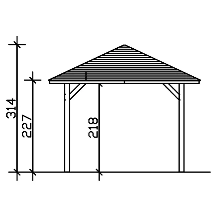 SKAN HOLZ Carport Taunus - Außenmaß inkl. Dachüberstand (B x T): 3,74 x 6,56 m, Einzelcarport, Nussbaum - Skizze eines Gartenpavillons mit Maßangaben, die die Höhe von 314, 227 und die Pfostenhöhe von 218 zeigen.