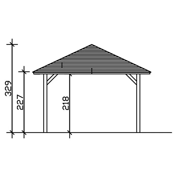 SKAN HOLZ Carport Taunus - Außenmaß inkl. Dachüberstand (B x T): 4,39 x 7,86 m, Einzelcarport, Natur - Skizze eines Pavillons mit den Maßen 329 cm Höhe, 227 cm Höhe bis zum Dach und 218 cm Höhe der Pfosten.