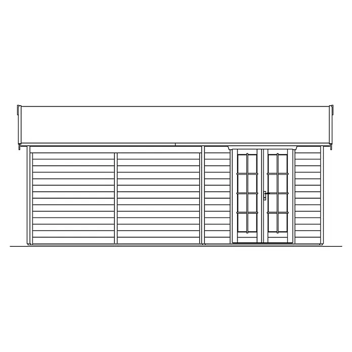 SKAN HOLZ Gartenhaus Tilburg - Außenmaß inkl. Dachüberstand (B x T): 653 x 420 cm, Holz, Schwedenrot - Schemazeichnung einer Holzhütte mit Doppeltüren und horizontaler Holzverkleidung, die das Design und die Konstruktion hervorhebt.