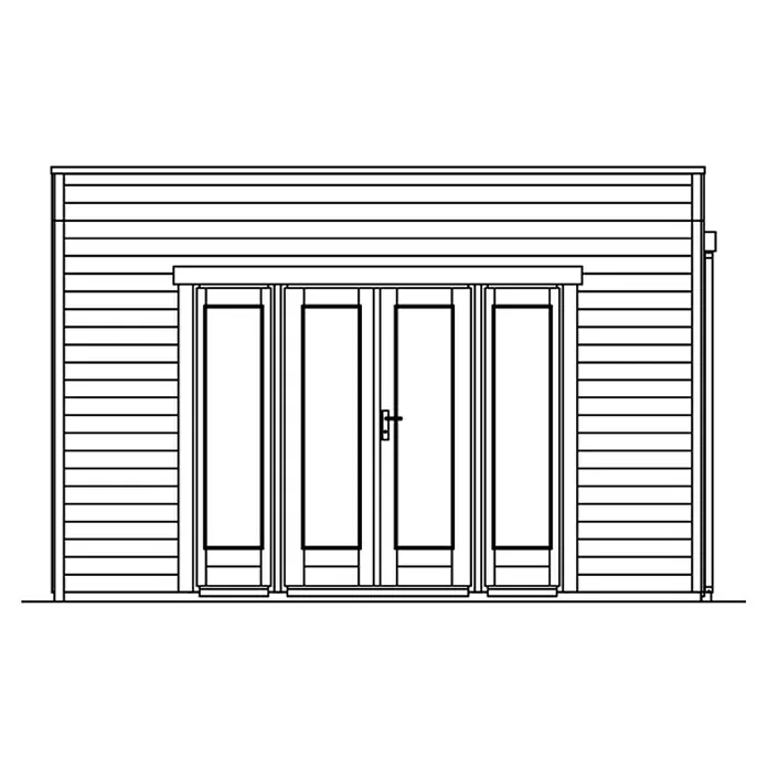 SKAN HOLZ Gartenhaus Tokio 4 - Außenmaß inkl. Dachüberstand (B x T): 402 x 502 cm, Holz, Schiefergrau, Doppelwandig - Fassadenansicht eines Hauses mit vier Glastüren und horizontaler Holzverkleidung. Ideale Hausfassade für Licht und modernes Design.
