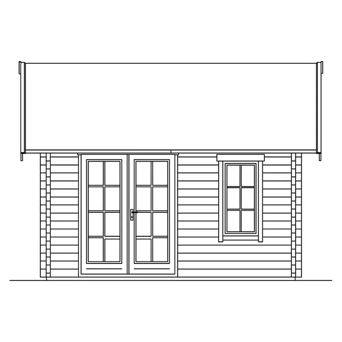 SKAN HOLZ Gartenhaus Toronto 1 - Außenmaß inkl. Dachüberstand (B x T): 500 x 500 cm, Holz, Natur, 17,64 m², 1 Lage Dachschalung - Abbildung einer Gartenlaube mit Doppeltür und Fenster. Die Laube hat ein weit überstehendes Dach zum Schutz vor Wind und Wetter.