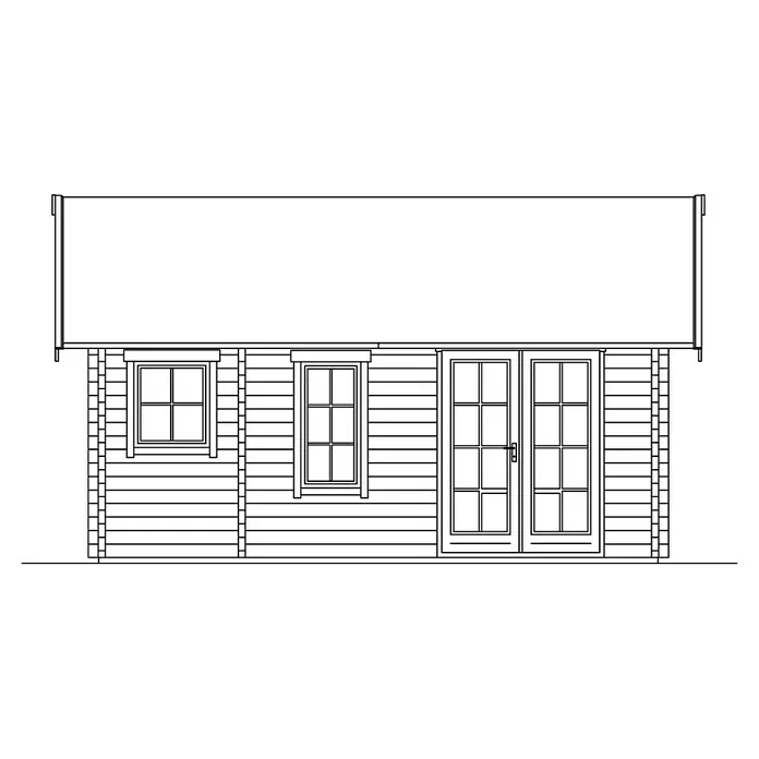 SKAN HOLZ Gartenhaus Toronto 2 - Außenmaß inkl. Dachüberstand (B x T): 500 x 640 cm, Holz, Natur, 23,52 m², Dachschalung & Dachlattung - Ansicht einer skizzierten Holzhütte mit Fenstern und Doppeltür unter einem breiten Dach, die rustikale Eleganz und handwerkliche Details zeigt.
