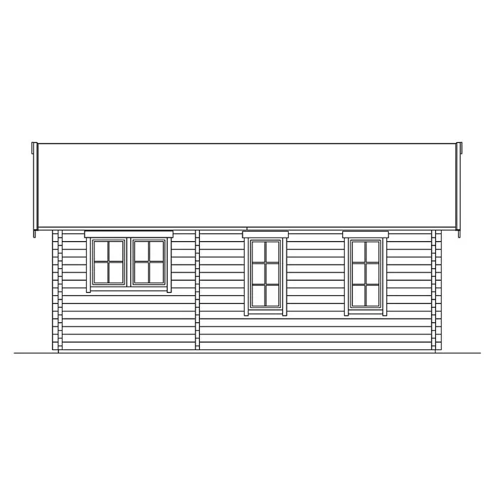 SKAN HOLZ Gartenhaus Toronto 4 - Außenmaß inkl. Dachüberstand (B x T): 500 x 740 cm, Holz, Natur, 27,72 m², 1 Lage Dachschalung - Ansicht eines Holzhauses mit drei Fenstern unter einem breiten Dach. Das rustikale Design betont die Holzbauweise und die schlichte Fenstergestaltung.