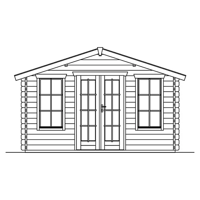 SKAN HOLZ Gartenhaus Trondheim 1 - Außenmaß inkl. Dachüberstand (B x T): 420 x 400 cm, Holz, Natur - Abbildung eines Blockhauses mit Doppeltüren und Fenstern, die die rustikale Eleganz und Funktionalität des Designs hervorheben.