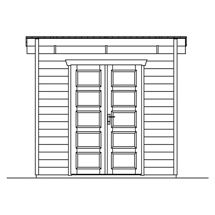 SKAN HOLZ Gartenhaus Venlo 1 - Außenmaß inkl. Dachüberstand (B x T): 290 x 290 cm, Holz, Natur - Illustration eines Doppeltür-Gartenschuppens mit horizontaler Holzverkleidung und dekorativer Zierleiste über den Türen für den Außenbereich.
