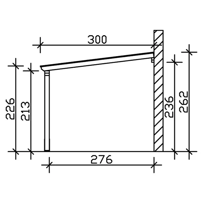 SKAN HOLZ Carport Vogtland - Außenmaß inkl. Dachüberstand (B x T): 3 x 5,41 m, Einzelcarport, Weiß - Schematische Darstellung einer Überdachung mit Maßen. Die Überdachung besteht aus einer Stütze, einem Querbalken und einer Wandbefestigung.