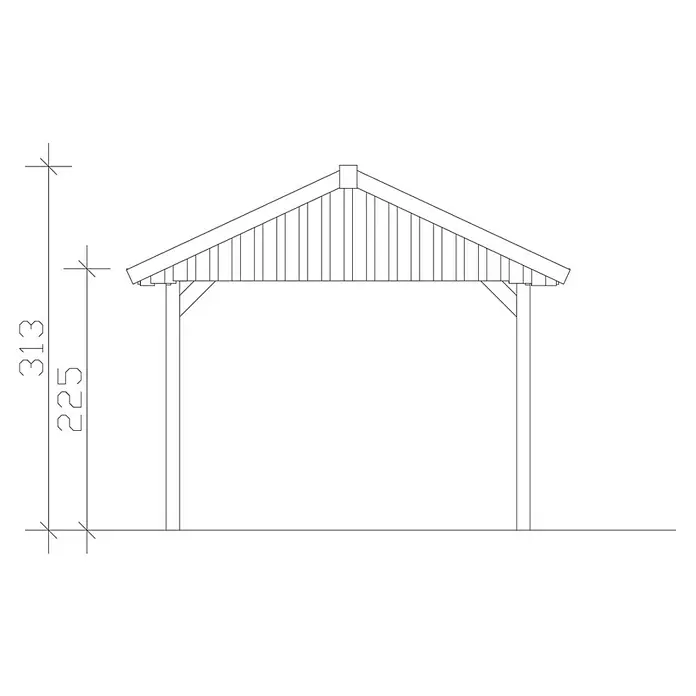 SKAN HOLZ Carport Wallgau - Außenmaß inkl. Dachüberstand (B x T): 3,8 x 7,5 m, Einzelcarport, Grün, Farbe Dach: Schwarz - Schematische Darstellung eines Pavillons mit Angabe der Höhenmaße 225 und 313. Die Konstruktionszeichnung zeigt die Bauweise des Pavillons.